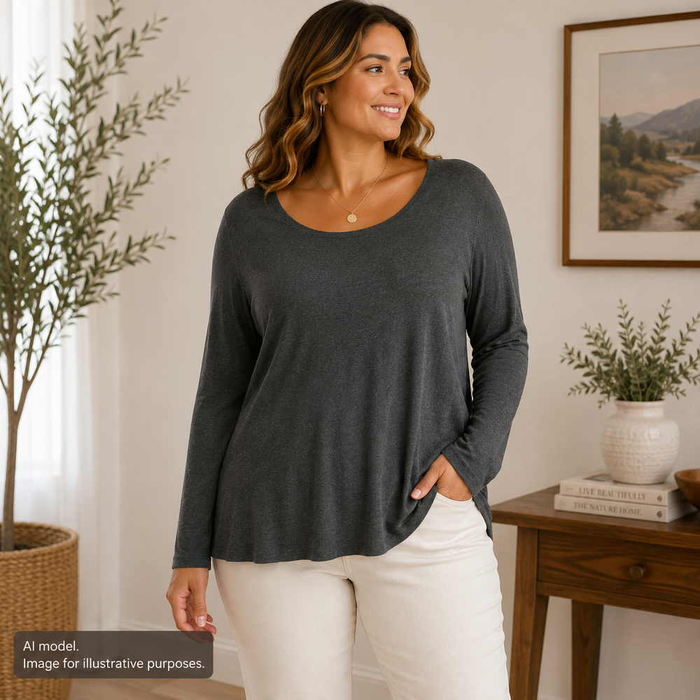 Eileen Fisher Shirt Womens 1X Gray Scoop Neck Jersey Long Sleeve Relaxed Minimal